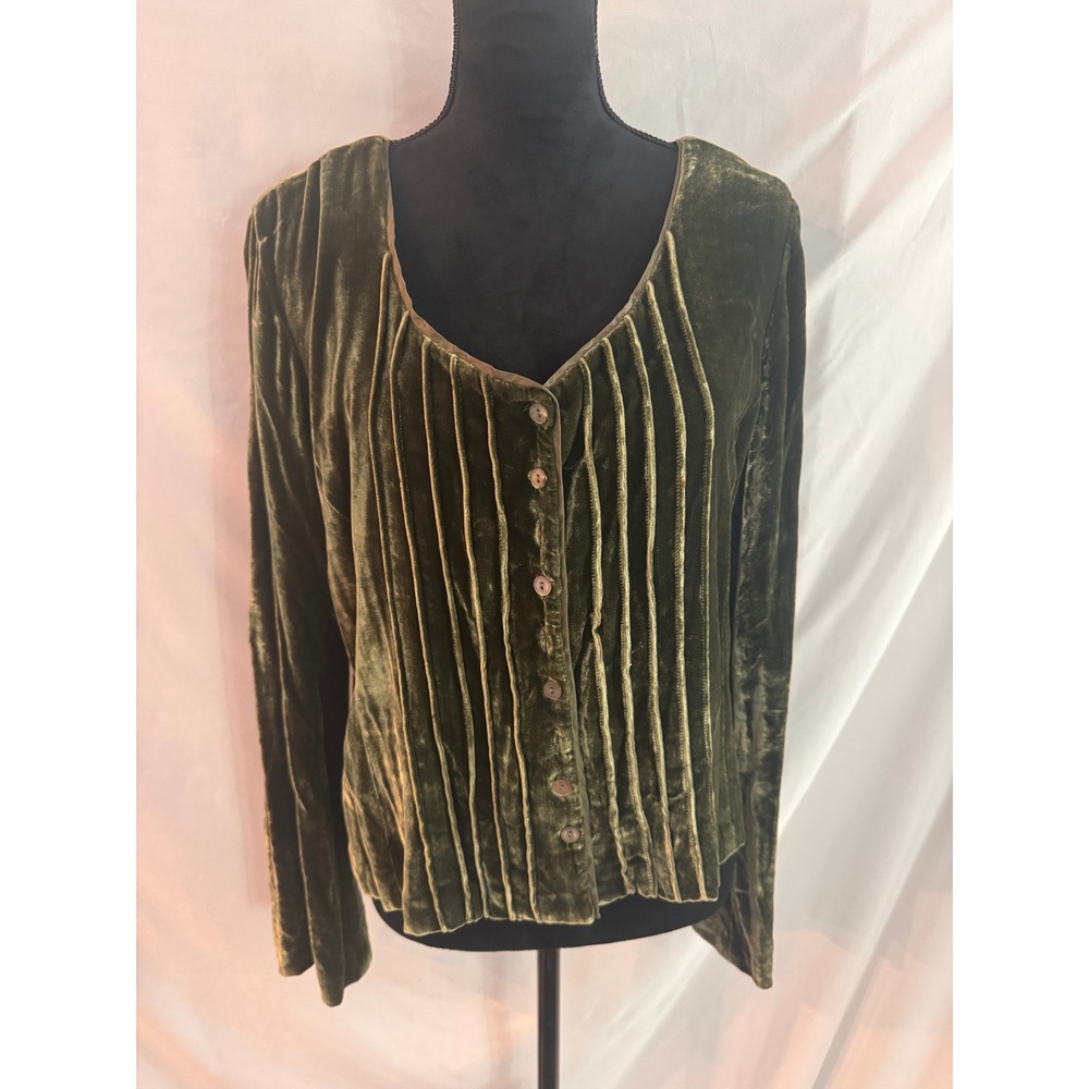 Boston Proper Olive Green Silk Blend Velvet Pintuck Button Front Top 14